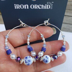 Silver, pearls and Blue Beaded Hoop Earrings - NWT